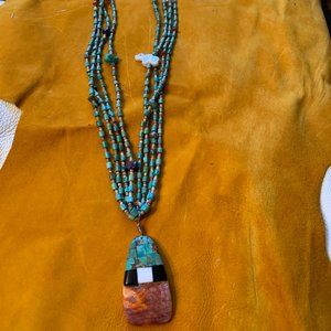 Vintage Navajo TURQUOISE & Heishe necklace  with reversible shell pendant